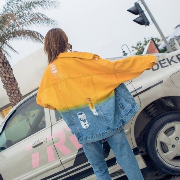 

personality ripped jean jacket women harajuku distressed denim jacket yellow blue hit color loose overcoat fashion a9184 201026, Black;brown