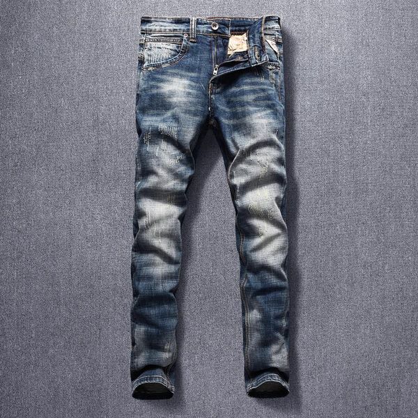

men's jeans italian style fashion men retro blue elastic slim fit ripped denim trousers streetwear vintage designer pants