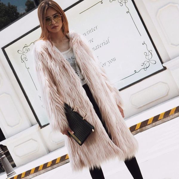 

women's fur & faux savabien long hairy hooded coat solid sleeve fluffy jacket winter fashion fake parka ladies coats, Black