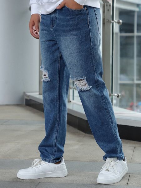 

men ripped frayed straight leg jeans 93f9#, Blue