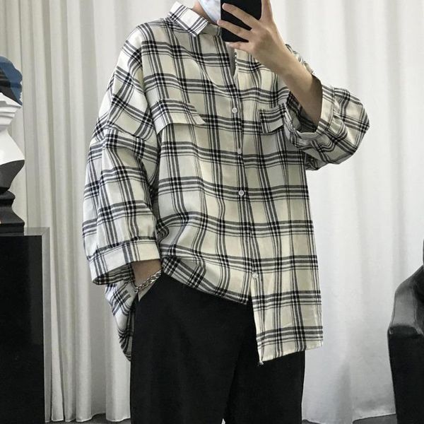 

spring summer plaid shirt men's fashion retro casual shirt men streetwear wild loose seven sleeve shirts mens -2xl, White;black