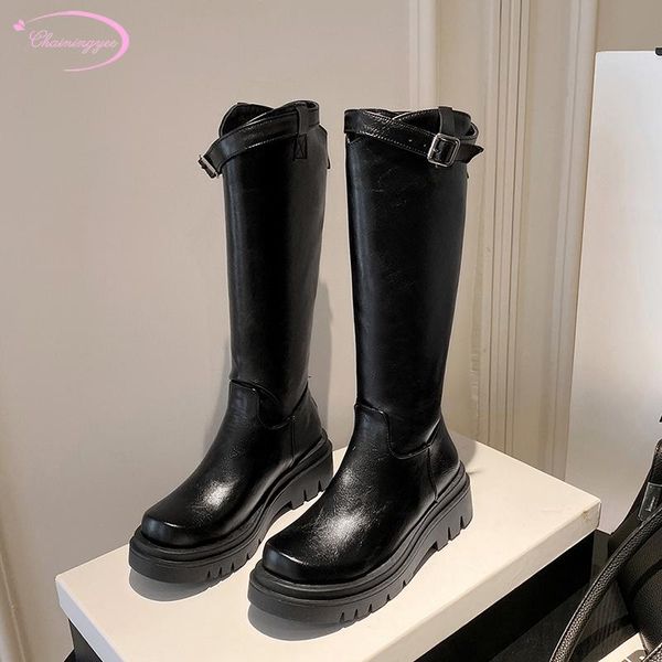

street style round toe knee-high boots platform slip-on buckle black brown high heel thick motorcycle boots women's shoes