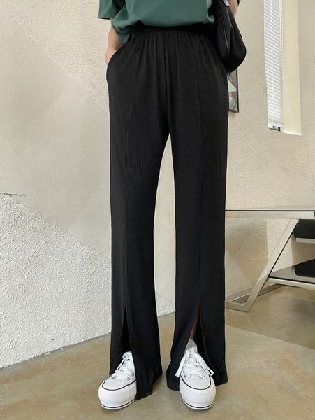 

dazy split hem straight leg pants o5k4#, Black;white