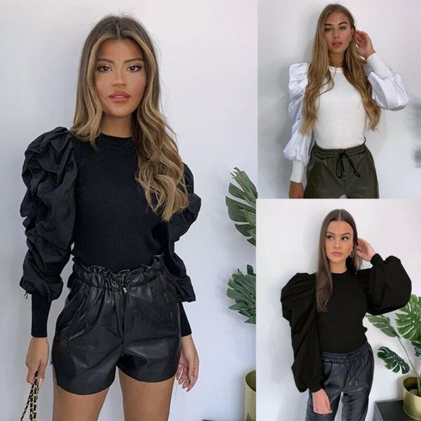 

women's solid color shirts lantern sleeve stitching blouse vintage knit ladies solid casual female clothing, White