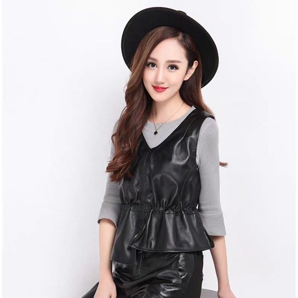 

new 2021 autumn of the female leather elegant thin waistcoat with sleeveless v-cleavage vest plus size 4xl y198 2tbz ayp9, Black