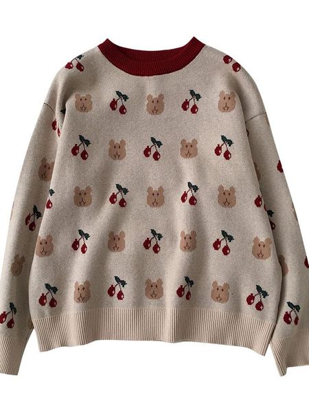 

women's sweaters cartoon cherry women sweet bear sweater sueter mujer, White;black