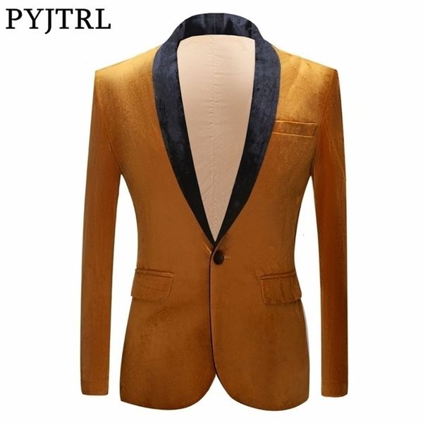 Pyjtrl outono inverno noivo noivo xaile lapela ouro blazer para homens brilhante veludo terno palco cantores de fase de formatura formosa fit blazers 201104