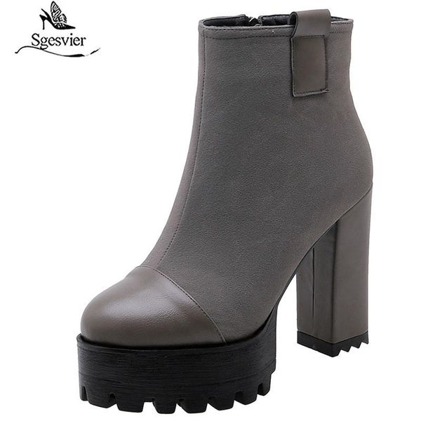 

sgesvier round toe pu leather platform zipper casual ankle boots fashion square high heel autumn winter women shoes woman g768, Black