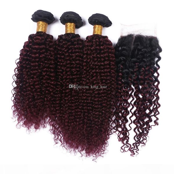 

dark roots 1b 99j kinky curly hair weaves with lace closure ombre color red wine 99j curly hair 3bundles with 4x4 closure, Black;brown