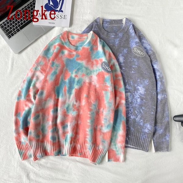 

zongke 2020 autumn winter casual knitted tie dye sweater men clothing korean fashion pullover coats wool jumper -2xl, White;black