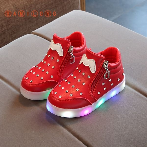 

bamilong kids casual shoes children rhinestones non-slip shoes fashion girls luminous sports shoes led lumineus sneakers y140 y201028, Black