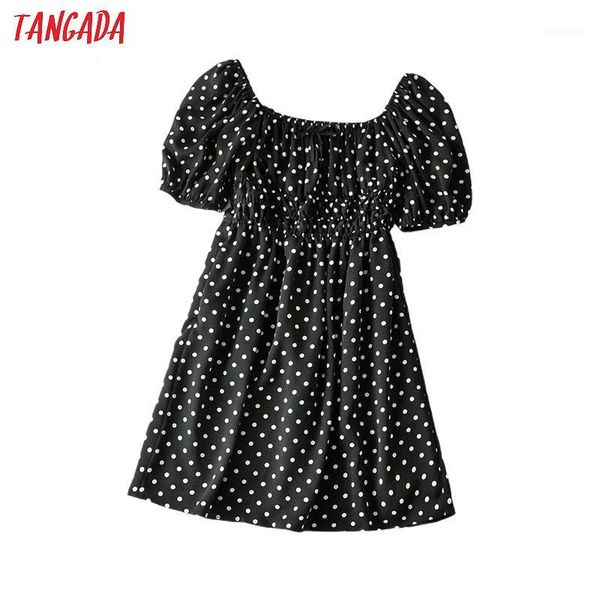 

casual dresses tangada women dots print bow sweet summer dress shoulder off backless females mini vestidos 5w121, Black;gray