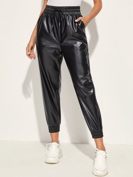 

drawstring waist pu leather pants f0k5#, Black;white