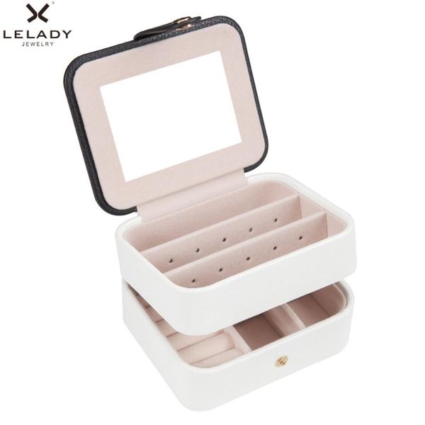 

lelady 11*9*7cm small jewelry box multifunction three layers leather storage organizer jewelry box portable travel case, Pink;blue