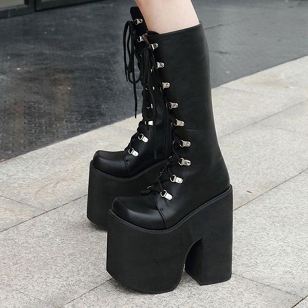 

large sizes 43 super thick platform chunky high heels fashion shoelaces shoes women motorcycles boots female, Black