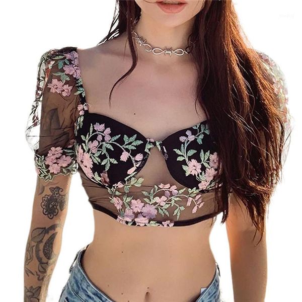 

women summer t-shirts new black boho floral short puff slevees short wear female fashion sheer mesh cropped tee femme1, White