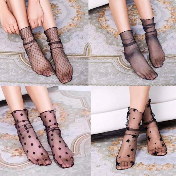 

summer retro lace floral mesh women girl socks elastic fashion lady soft short socks female crystal silk ultrathin sock1, Black;white