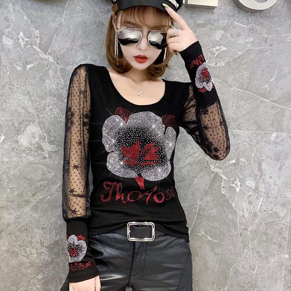 

lace diamonds flower t shirt women 2020 new autumn winter european clothes back long sleeve camiseta mujer tees t9n104, White