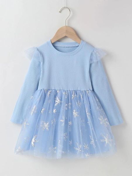 

toddler girls snowflake mesh panel ruffle trim smock dress she, Red;yellow