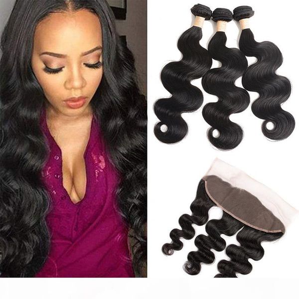 

brazilian virgin hair extensions 3 bundles with 13*4 lace frontal body wave human hair extensions with 13x4 lace frontal 4 pieces lot, Black;brown