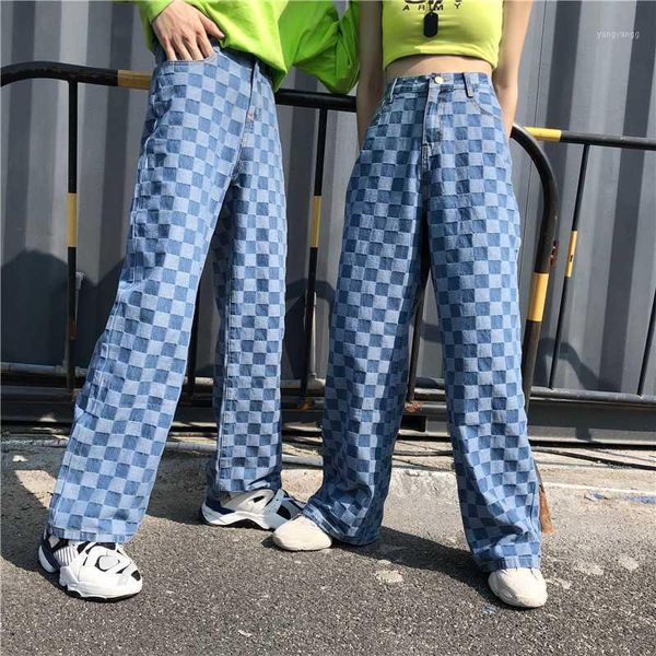 

2020 streetwear high waist jeans pants women and men boyfriend plaid harajuku mom denim harem pants ladies wide leg jeans1, Blue