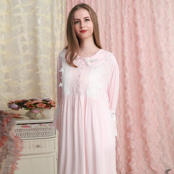 

women nightgown cotton pink sleepwear dress romantic fall nightgown ladies loose sweety nightdress1, Black;red