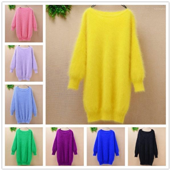 

women's sweaters ladies women medium long genuine mink cashmere o-neck loose fluffy angora fur hand knitted pullover sweater dress1, White;black