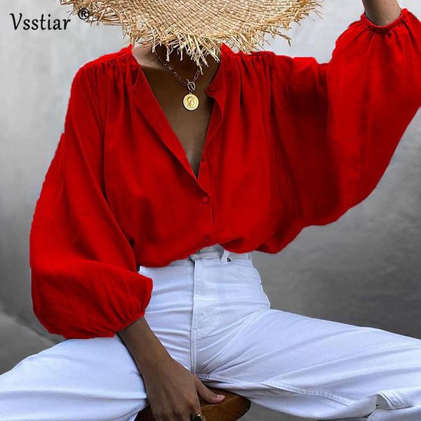 

vsstiar lantern sleeve loose women blouse 2021 new fashion street club solid autumn long sleeve women blouse shirts, White