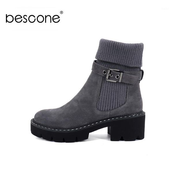 

bescone fashion women mid-calf boots buckle handmade square heel shoes new winter warm round toe comfortable ladies boots bc2411, Black