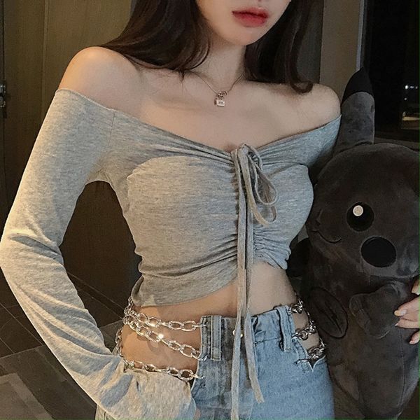 

autumn 2020 new korean jacket jacketjacket short jacketdrawstring sexyshoulder slim long sleeve short t-shirt fashion girl gc690, White