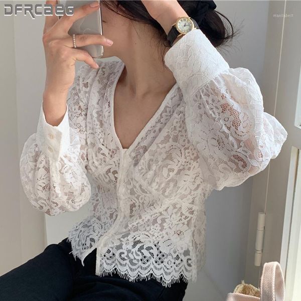 

spring summer white lace crop women 2020 new korean style long sleeve see-through hollow out v neck women blouses and shirts1