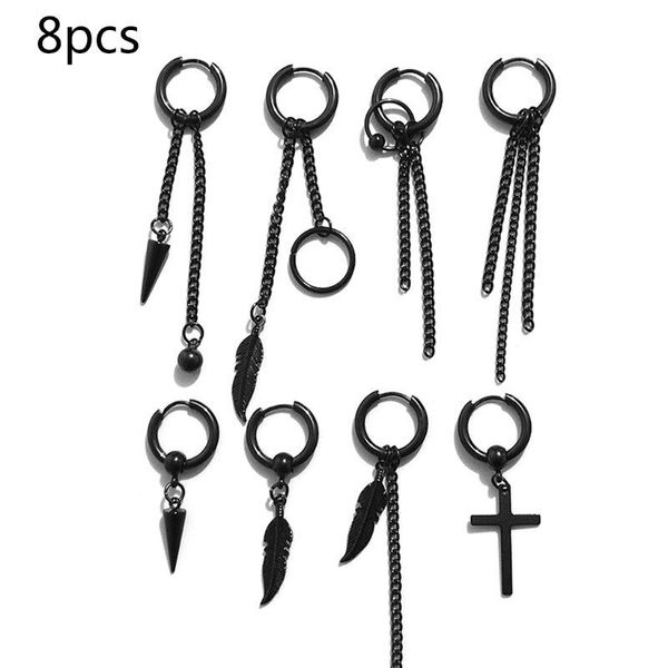 

hoop & huggie 8pcs/set stainless steel earrings leaf circle ear cuff dangle pendant women men gothic hip hop jewelry gift, Golden;silver