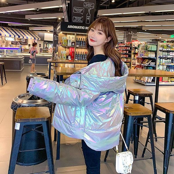 

wash-bright surface 2020 winter new korean style women's short style colorful hooded cotton-padded jacket, Black