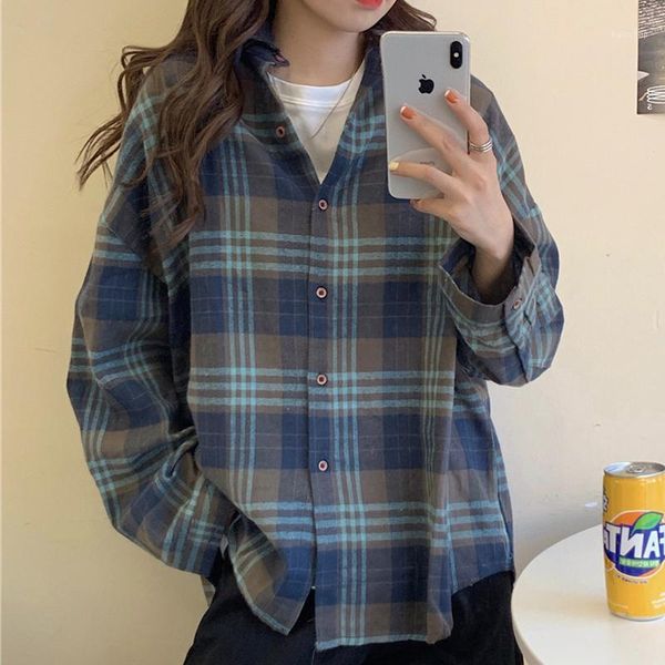 

autumn and winter new wild retro long-sleeved bottoming plaid shirt loose and simple style blouse female1, White