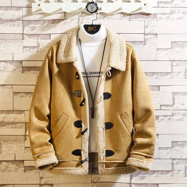 

new men's coat fashion winter men's outerwear solid color short thick coat warm lapel horn button jacket men's autumn and win, Black;brown