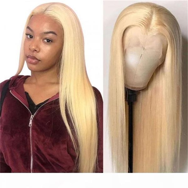 

glueless 613 blonde t part lace wig 150% human hair straight malaysian remy lace front wigs for black women long platinum blonde braided wig, Black;brown