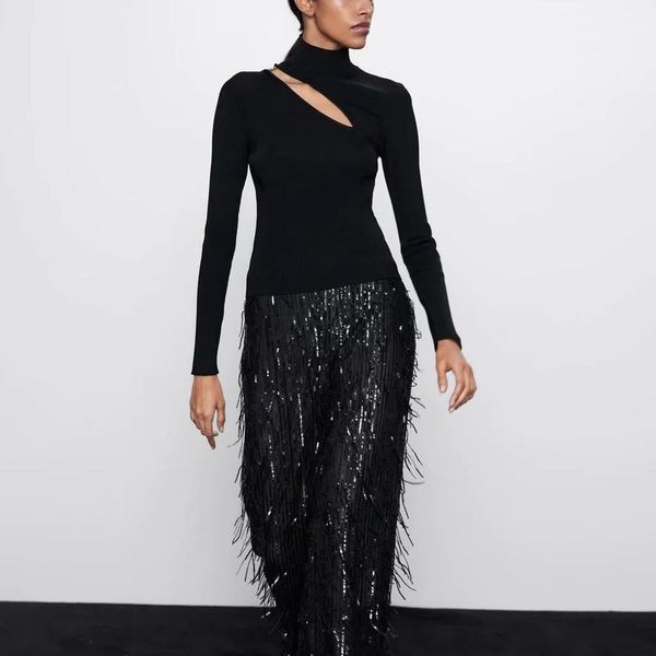 

za 2019 autumn winter women's knitted sweater hollow tight stretched chic lady slim casual sweater female pullover, White;black