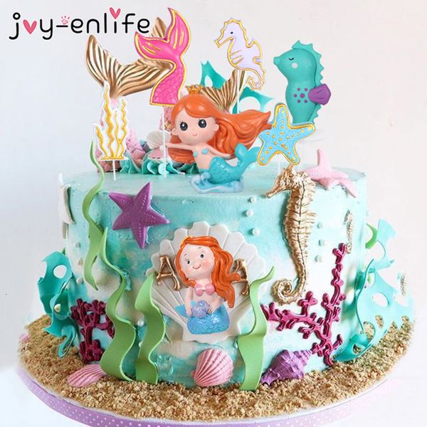

crown mermaid er fishtail shell flags kids favors cake children's day party birthday dessert decoration