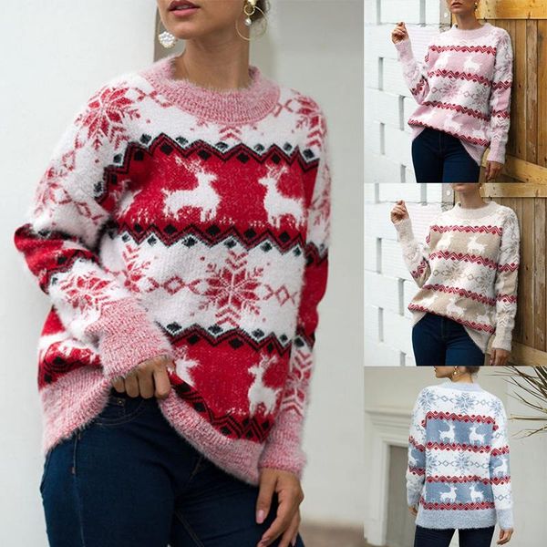 

ladies knitted sweater christmas sweater women fall winter snowflake fawn pullover knitwear, White;black