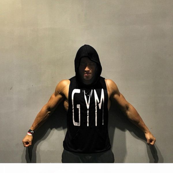

gym letters print tank men athletic fitness casual vest sleeveless hooded loose tee summer clothing, White;black