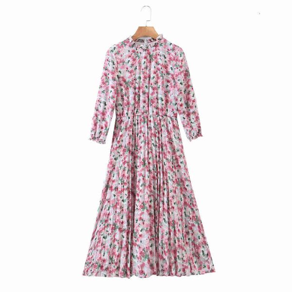 

casual dress woman pink print a-line chiffon long 2021 spring fashion ladi drapped female sweet holiday t8lt, Black;gray