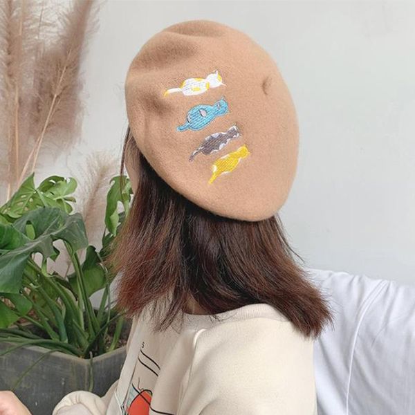 

autumn winter hats for women lady wool beret artist painter cap embroidery cartoon beret female england vintage boina feminina, Blue;gray