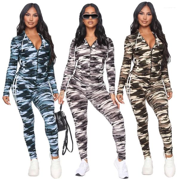 

camouflage print womens two piece pants autumn winter coat fashion casual long sleeve 2pcs set women clothing, White