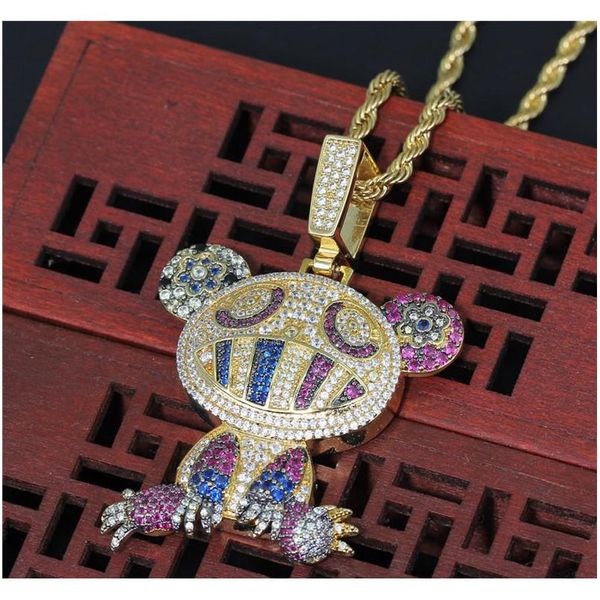 

18k yellow gold multi-color iced takashi murakami panda pendant necklace micro paved zircon m wmtwgd new_dhbest, Silver