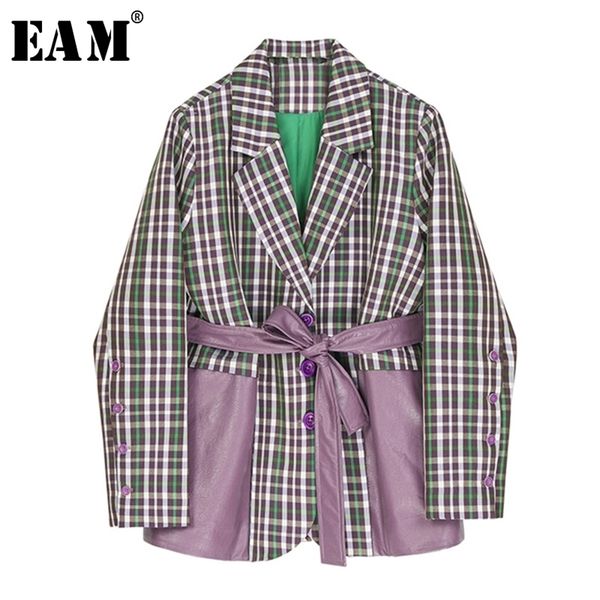 

[eam] women purple plaid pu leather big size blazer new lapel long sleeve loose fit jacket fashion spring autumn 1z131 201114, White;black