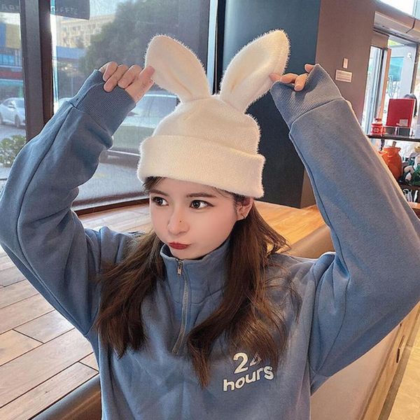 

winter warm women knitted solid color hat beanies bonnet ears shape cap, Blue;gray