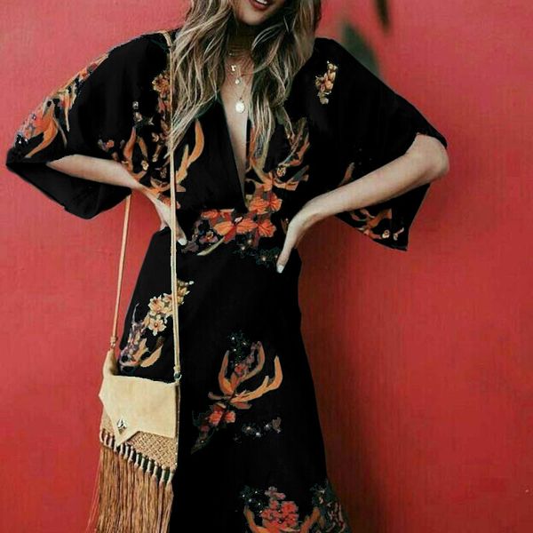 

2021 new european and american female v-neck bifurcate high waist fashion personality dress 7 color 6 code g15c, Black;gray