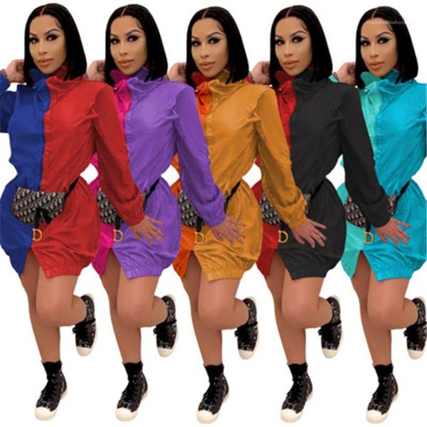 

длинные рукава молния короткие юбки дизайнер женский осени новый повседневный сыпучие платье дамы colorblocked платье тенденции моды кардига, Black;gray