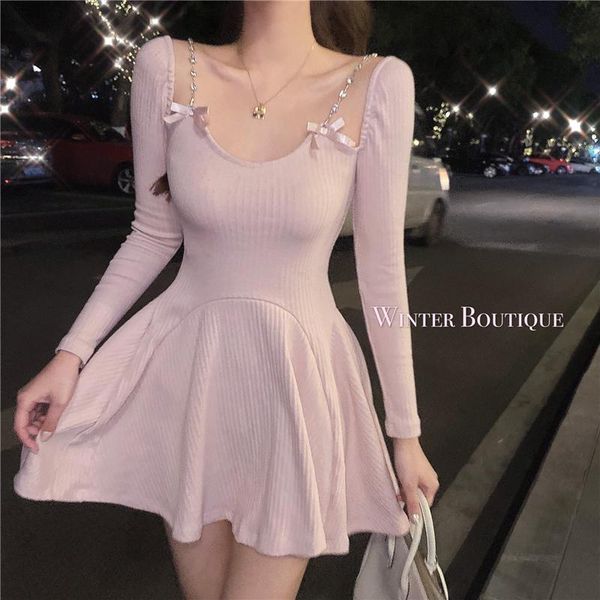 

pink long-sleeved knitted dress for women winter new style korean spaghetti off shoulder short mini dresses, Black;gray