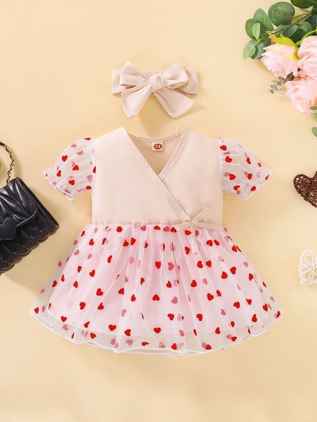 

baby heart print mesh puff sleeve bow side dress with headband she01, Red;yellow